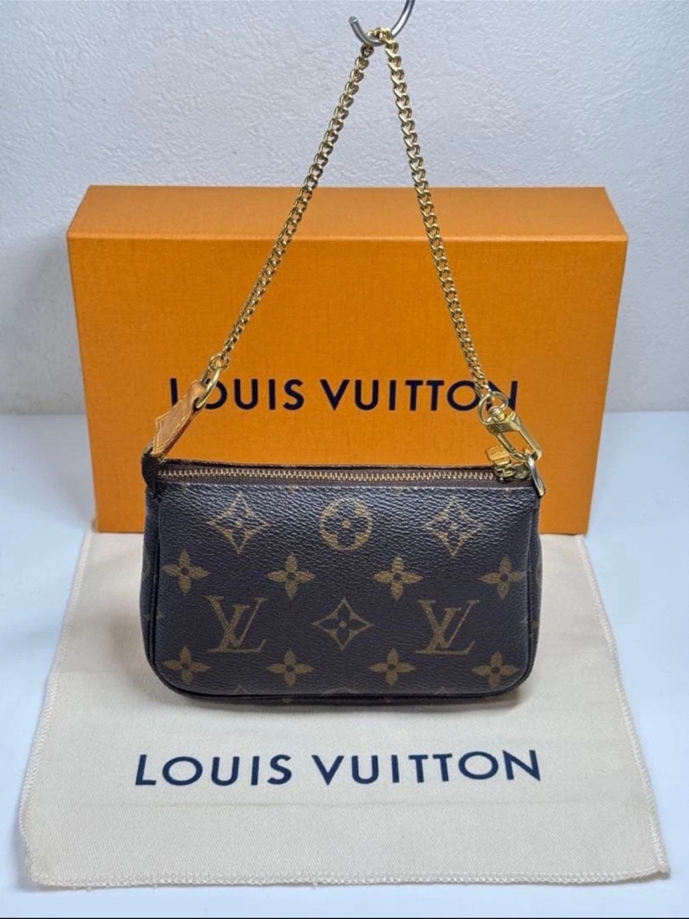 Louis Vuitton Monogram Canvas Mini Pochette with Gold Chain Strap